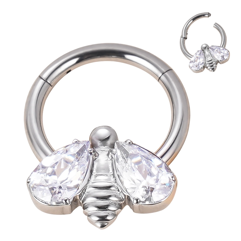 Piercing Body Jewelry ASTM F136 Titanium Bee Shape with Bezel Set CZ Wings Segment Ring Nose Ring Earring for Women