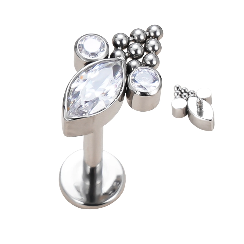 Gzn Wholesale Body Titanium Piercing Internal Threaded&Push in Marquise CZ with Balls Cluster Top Earring Labret Jewelry